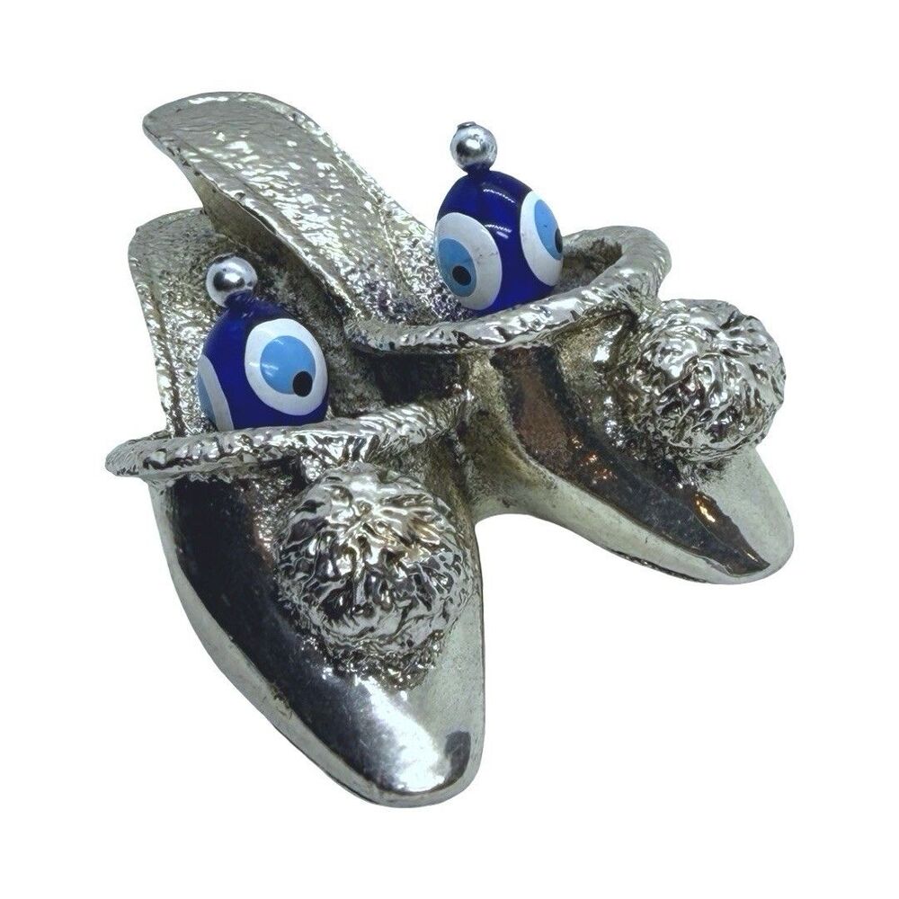 Vtg Turkish Silver-Plated Miniature Slipper Figurine w/Evil Eye (Nazar) Charms